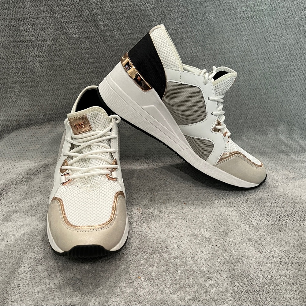 Michael Kors Sneakers Slip On Lace Up Liv Wedge US 9.5 White Rose Gold Athletic